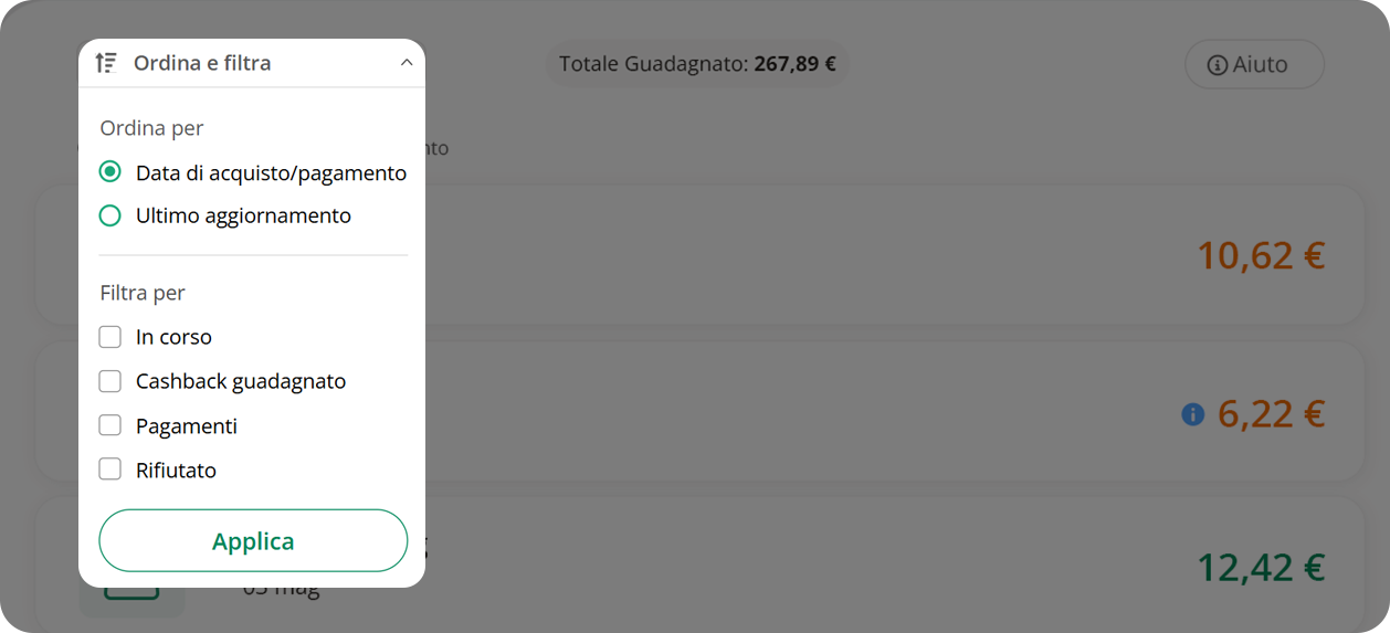 Earnings page filter